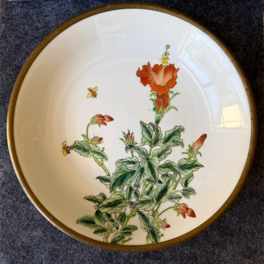 Nora Fenton Hibiscus Porcelain Bowl Brass Mounted Sleeve Hong Kong Floral Bowl